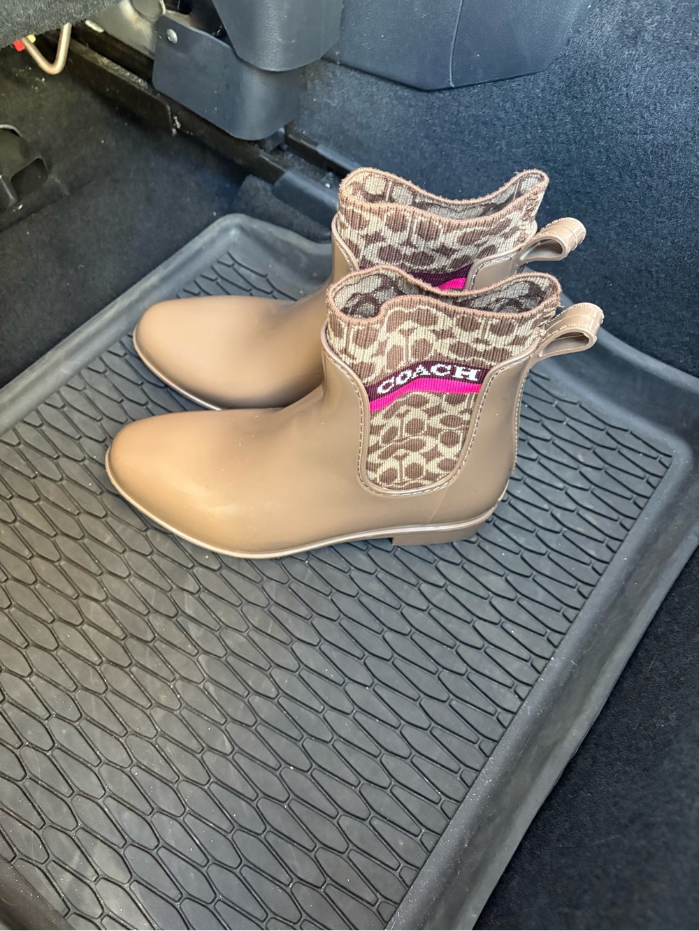 Coach Brown Chelsea Rain Booties with Signature Monogram Knit Collar